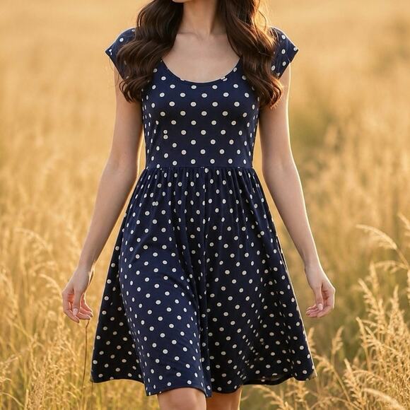 Garnet Hill Dresses & Skirts - Garnet Hill Navy Polka Dot Jersey Knit Summer Fit and Flare Sundress 10/M